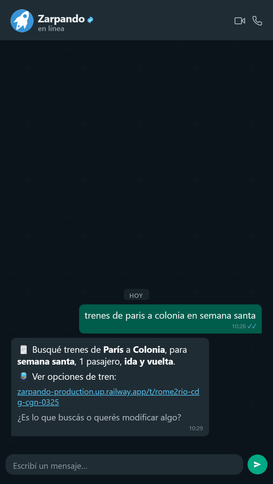 Búsqueda de trenes París a Colonia por WhatsApp