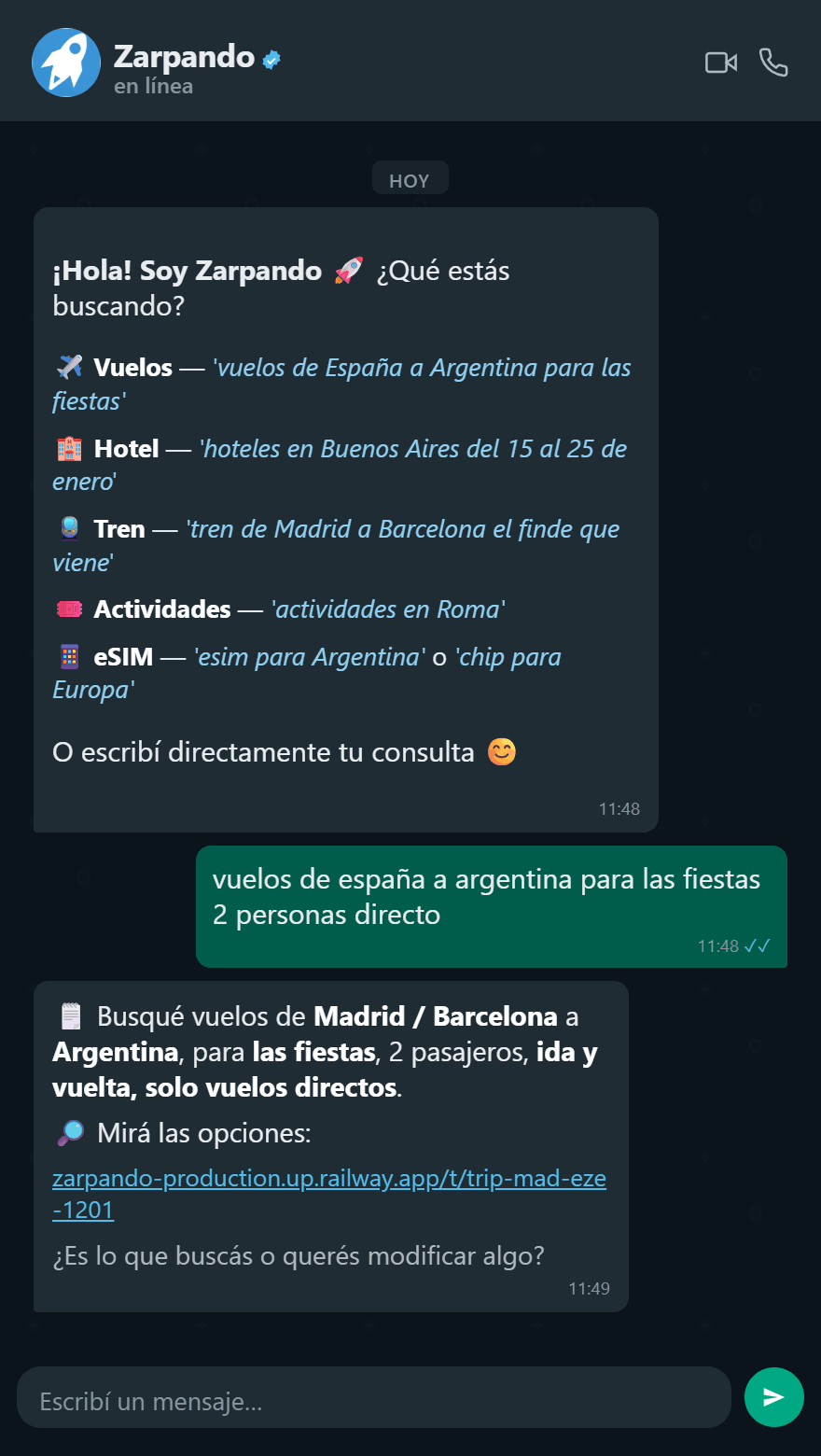 Búsqueda de vuelos España a Argentina por WhatsApp